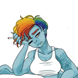 Size: 768x768 | Tagged: safe, artist:toxstaxes, imported from derpibooru, rainbow dash, human, cigarette, clothes, female, humanized, short hair, simple background, solo, sports bra, sweat, tattoo, white background, winged humanization, wings