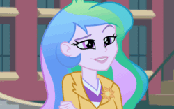 Size: 640x400 | Tagged: safe, imported from derpibooru, screencap, princess cadance, princess celestia, princess luna, equestria girls, friendship games, animated, clothes, condescending princesses, cutie mark, cutie mark accessory, cutie mark on clothes, dean cadance, female, gif, lidded eyes, principal celestia, smiling, smirk, smuglestia, smugluna, vice principal luna