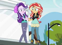 Size: 660x484 | Tagged: safe, imported from derpibooru, screencap, starlight glimmer, sunset shimmer, equestria girls, mirror magic, spoiler:eqg specials, animated, beanie, clothes, female, flailing, frown, gif, hat, losing balance, open mouth, shivering, wide eyes