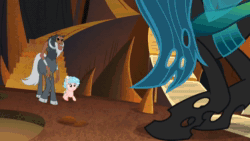 Size: 1280x720 | Tagged: safe, imported from derpibooru, screencap, cozy glow, lord tirek, queen chrysalis, changeling, changeling queen, pegasus, pony, the beginning of the end, animated, cozy glow is best facemaker, faic, female, filly, lair, magic, ruins, sound, webm