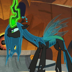 Size: 540x540 | Tagged: safe, imported from derpibooru, screencap, queen chrysalis, changeling, changeling queen, the beginning of the end, animated, cropped, crystal ball, female, gif, glowing horn, grogar's orb, lair, loop, magic, reversed, ruins, solo
