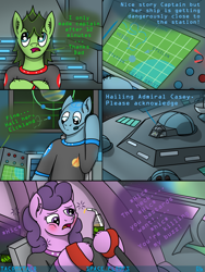 Size: 3024x4032 | Tagged: safe, artist:tacomytaco, imported from derpibooru, oc, oc only, oc:admiral casey, oc:captain conray, oc:eickland, earth pony, pony, comic:space floofs, alcohol, bipedal, blushing, clothes, comic, crossed arms, drunk, headset, microphone, space, spaceship, straw, text, uniform
