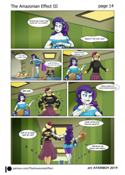 Size: 1697x2367 | Tagged: safe, artist:atariboy2600, artist:bluecarnationstudios, imported from derpibooru, applejack, rarity, sci-twi, sunset shimmer, twilight sparkle, comic:the amazonian effect, comic:the amazonian effect iii, equestria girls, and then there's rarity, applejacked, muscles, purse