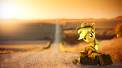 Size: 1920x1080 | Tagged: safe, artist:apexpredator923, imported from derpibooru, applejack, pony, 3d, case, female, guitar, mud, road, solo, source filmmaker