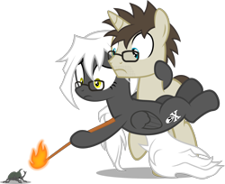 Size: 2390x1946 | Tagged: safe, artist:zacatron94, imported from derpibooru, oc, oc only, oc:blank novel, oc:captain white, beetle, pegasus, pony, unicorn, female, fire, male, mare, simple background, stallion, transparent background, whitenovel