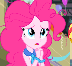 Size: 640x585 | Tagged: safe, imported from derpibooru, screencap, pinkie pie, sunset shimmer, equestria girls, friendship games, animated, bracelet, female, gif, jewelry, sad, talking