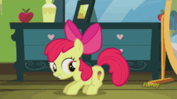 Size: 500x281 | Tagged: safe, imported from derpibooru, screencap, apple bloom, earth pony, pony, bloom and gloom, alternate cutie mark, animated, apple, cutie mark, discovery family logo, female, food, inception, one eye closed, scared, wink