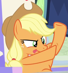 Size: 668x720 | Tagged: safe, imported from derpibooru, screencap, applejack, earth pony, pony, sparkle's seven, cropped, cute, female, friendship throne, jackabetes, mare, massage, silly, silly pony, solo, stretching, tongue out