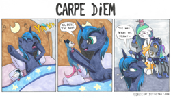 Size: 1750x1000 | Tagged: safe, artist:frenkieart, imported from derpibooru, princess celestia, princess luna, tiberius, alicorn, bat pony, opossum, pony, :t, bed, bed mane, bound wings, carpe diem, comic, cuffs, dialogue, eyes closed, female, floppy ears, frown, guards, handcuffed, hoof shoes, horn sock, implied magic suppression, male, mare, night guard, nose wrinkle, open mouth, pet, rope, s1 luna, shackles, speech bubble, stallion, traditional art