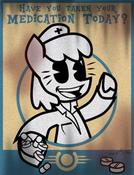 Size: 613x800 | Tagged: safe, artist:cazra, imported from derpibooru, oc, oc:stable filly, earth pony, pony, fallout equestria, doctor, medicine, nurse, pac-man eyes, pacman eyes, pills, poster, public service announcement, stable-tec