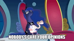 Size: 806x451 | Tagged: safe, edit, edited screencap, imported from derpibooru, screencap, princess luna, alicorn, bird, goose, pony, sparkle's seven, animal, duo, engrish, ethereal mane, female, lidded eyes, luna petting goose, mare, meme, starry mane