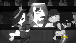 Size: 1920x1080 | Tagged: safe, imported from derpibooru, screencap, rainbow dash, rarity, earth pony, pegasus, pony, unicorn, sparkle's seven, bartender, bowler hat, detective rarity, discovery family logo, hat, investigator dash, juice jackie, noir, scar, unnamed character, unnamed pony