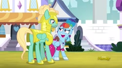 Size: 1920x1080 | Tagged: safe, imported from derpibooru, screencap, rainbow dash, zephyr breeze, pegasus, pony, sparkle's seven, cute, discovery family logo, hoof shoes, megaradash, rainbow dash always dresses in style, royal guard zephyr breeze