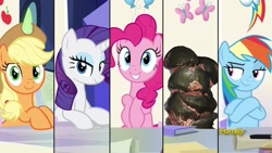 Size: 1920x1080 | Tagged: safe, edit, edited screencap, imported from derpibooru, screencap, applejack, pinkie pie, rainbow dash, rarity, earth pony, pegasus, pony, unicorn, sparkle's seven, blorg, crossed arms, friendship throne, stellaris