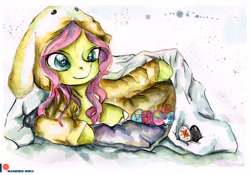 Size: 3437x2409 | Tagged: safe, artist:mashiromiku, imported from derpibooru, fluttershy, pegasus, pony, bunny ears, clothes, costume, cute, easter, easter egg, holiday, kigurumi, patreon, patreon logo, shyabetes, traditional art, watercolor painting