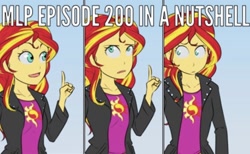 Size: 1340x828 | Tagged: safe, artist:kibate, imported from derpibooru, sunset shimmer, equestria girls, sparkle's seven, caption, comic, female, frown, image macro, open mouth, smiling, solo, text, thinking, wide eyes