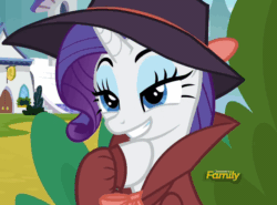 Size: 608x451 | Tagged: safe, edit, edited screencap, imported from derpibooru, screencap, rarity, pony, unicorn, sparkle's seven, animated, cropped, detective rarity, eyebrow wiggle, eyebrows, female, gif, lidded eyes, mare