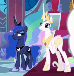 Size: 462x472 | Tagged: safe, imported from derpibooru, screencap, princess celestia, princess luna, pony, sparkle's seven, animated, celestia is not amused, duo, eyeroll, female, flehmen response, gif, grumpy, horse noises, horses doing horse things, jewelry, onomatopoeia, raspberry, raspberry noise, regalia, royal sisters, sibling rivalry, sisters, snorting, unamused