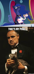 Size: 600x1281 | Tagged: safe, edit, edited screencap, imported from derpibooru, screencap, princess luna, alicorn, bird, cat, goose, human, pony, sparkle's seven, animal, ethereal mane, female, lidded eyes, luna petting goose, male, mare, marlon brando, memeful.com, starry mane, the godfather, vito corleone