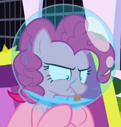 Size: 1000x1053 | Tagged: safe, imported from derpibooru, screencap, pinkie pie, pony, sparkle's seven, astronaut pinkie, canterlot, canterlot castle, cropped, drool, female, fish bowl, mare, solo, spit, tongue out, water