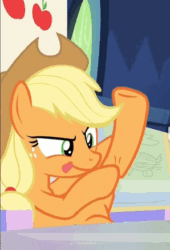 Size: 298x437 | Tagged: safe, imported from derpibooru, screencap, applejack, earth pony, pony, sparkle's seven, animated, bucky mcgillicutty, cute, female, fetish fuel, friendship throne, gif, hoof rubbing, hooves, jackabetes, kicks mcgee, massage, out of context, preparing, raised hoof, silly, silly pony, throne, tongue out, who's a silly pony