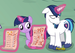 Size: 1395x987 | Tagged: safe, imported from derpibooru, screencap, shining armor, twilight sparkle, pony, unicorn, sparkle's seven, cute, glowing horn, grades, magic, shame, shining adorable, telekinesis, twiabetes, unshorn fetlocks