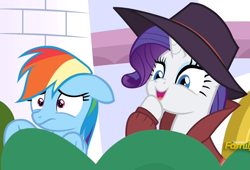 Size: 1440x981 | Tagged: safe, imported from derpibooru, screencap, rainbow dash, rarity, pegasus, pony, unicorn, sparkle's seven, bush, bushicorn, clothes, coat, duo, female, hat, mare, scared, varying degrees of want
