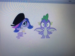 Size: 960x717 | Tagged: safe, artist:lovetime17, deleted from derpibooru, imported from derpibooru, spike, dog, dragon, crossover, crossover shipping, female, hat, littlest pet shop, male, photo, picture of a screen, shipping, straight, winged spike, zoe trent, zoespike