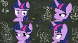 Size: 1832x1012 | Tagged: safe, edit, imported from derpibooru, screencap, twilight sparkle, alicorn, pony, sparkle's seven, chalkboard, discovery family logo, female, mare, math lady meme, solo, thinking, twilight sparkle (alicorn)