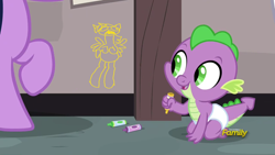 Size: 1920x1080 | Tagged: safe, edit, edited screencap, imported from derpibooru, screencap, spike, twilight sparkle, dragon, sparkle's seven, testing testing 1-2-3, baby, baby dragon, baby spike, crayon, crayon drawing, cute, daaaaaaaaaaaw, diaper, discovery family logo, happy, i am not that tall, offscreen character, smiling, spikabetes, traditional art