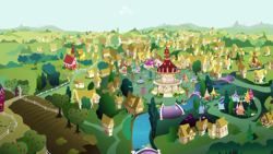 Size: 1920x1080 | Tagged: safe, imported from derpibooru, screencap, berry punch, berryshine, cherry berry, cherry cola, cherry fizzy, daisy, derpy hooves, flower wishes, lemon hearts, lightning bolt, minuette, sunshower raindrops, twinkleshine, white lightning, written script, earth pony, pegasus, pony, unicorn, equestria girls, equestria girls series, spring breakdown, spoiler:eqg series (season 2), aerial view, apple tree, background pony, female, fountain, joke shop, location, male, mare, market, ponyville, ponyville schoolhouse, ponyville spa, scenery, stallion, sweet apple acres, tent, town hall, tree, windmill