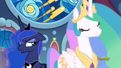 Size: 1912x1080 | Tagged: safe, imported from derpibooru, screencap, princess celestia, princess luna, alicorn, pony, sparkle's seven, discovery family logo, floppy ears, smiling