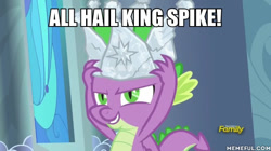 Size: 600x337 | Tagged: safe, edit, edited screencap, imported from derpibooru, screencap, spike, dragon, sparkle's seven, crown, hard-won helm of the sibling supreme, jewelry, memeful.com, regalia, winged spike, wings
