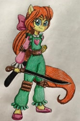 Size: 1962x2953 | Tagged: safe, artist:bozzerkazooers, imported from derpibooru, megan williams, equestria girls, equestria girls series, rollercoaster of friendship, g1, g1 to g4, g4, generation leap, long hair, orange hair, ponied up, pony ears, ponytail, ribbon, weapon, wholesome