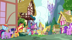 Size: 1920x1080 | Tagged: safe, imported from derpibooru, screencap, amethyst star, cultivar, cup cake, junebug, rainbow dash, sci-twi, sparkler, sunset shimmer, sunshower raindrops, twilight sparkle, warm front, pegasus, unicorn, equestria girls, equestria girls series, spring breakdown, spoiler:eqg series (season 2), canterlot castle, equestria girls ponified, female, human pony dash, ponyville, unicorn sci-twi
