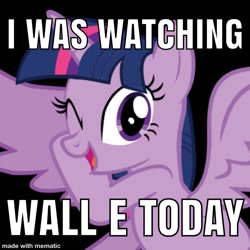 Size: 750x750 | Tagged: safe, imported from derpibooru, twilight sparkle, alicorn, pony, black background, female, meme, one eye closed, simple background, solo, spoiler alert, twilight sparkle (alicorn), wall-e, wink