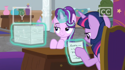 Size: 1920x1080 | Tagged: safe, imported from derpibooru, screencap, starlight glimmer, twilight sparkle, alicorn, pony, unicorn, sparkle's seven, paper, paperwork, twilight sparkle (alicorn), twilight's office