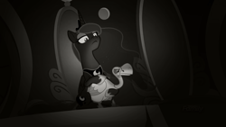 Size: 1920x1080 | Tagged: safe, edit, edited screencap, imported from derpibooru, screencap, princess luna, alicorn, bird, goose, pony, sparkle's seven, animal, duo, ethereal mane, female, lidded eyes, luna petting goose, mare, monochrome, starry mane