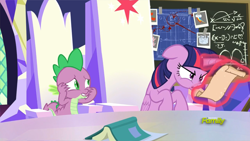 Size: 3840x2160 | Tagged: safe, imported from derpibooru, screencap, spike, twilight sparkle, alicorn, dragon, pony, sparkle's seven, book, chalkboard, cutie map, friendship throne, glowing horn, magic, nose wrinkle, scroll, telekinesis, twilight sparkle (alicorn)