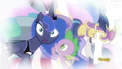 Size: 1913x1080 | Tagged: safe, imported from derpibooru, screencap, princess celestia, princess luna, shining armor, spike, alicorn, dragon, pony, unicorn, sparkle's seven, discovery family logo, surprised, whispering
