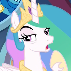 Size: 809x809 | Tagged: safe, imported from derpibooru, screencap, princess celestia, alicorn, pony, sparkle's seven, bags under eyes, cropped, derp, female, great moments in animation, hoof shoes, lidded eyes, mare, open mouth, raised eyebrow