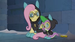 Size: 1920x1080 | Tagged: safe, imported from derpibooru, screencap, fluttershy, spike, dragon, pegasus, pony, sparkle's seven, bunny ears, clothes, costume, dangerous mission outfit, duo, female, goggles, hoodie, male, mare