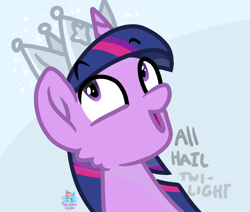 Size: 1126x953 | Tagged: safe, artist:rainbow eevee, imported from derpibooru, twilight sparkle, pony, season 9, sparkle's seven, crown, female, hard-won helm of the sibling supreme, jewelry, looking up, open mouth, paper crown, regalia, simple background, solo