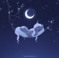 Size: 3219x3150 | Tagged: safe, artist:katputze, imported from derpibooru, princess luna, pony, crescent moon, cute, female, hammock, lunabetes, mare, moon, night, s1 luna, sleeping, solo, tangible heavenly object, wingless