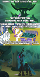 Size: 884x1688 | Tagged: safe, edit, edited screencap, imported from derpibooru, screencap, queen chrysalis, shining armor, star swirl the bearded, starlight glimmer, changeling, changeling queen, pony, unicorn, sparkle's seven, the mean 6, to where and back again, chest, chrysalis' throne, comic, female, hilarious in hindsight, implied thorax, oops, screencap comic, text edit, theory, you dun goofed