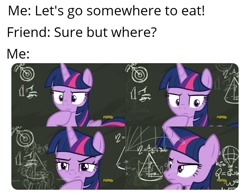 Size: 880x689 | Tagged: safe, edit, edited screencap, imported from derpibooru, screencap, twilight sparkle, alicorn, pony, sparkle's seven, chalkboard, female, math lady meme, meme, solo, twilight sparkle (alicorn)