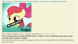 Size: 1334x750 | Tagged: safe, editor:undeadponysoldier, imported from derpibooru, apple bloom, derpibooru, buy some apples, meta, meta:vulgar, prank, spoiler image, spoilered image joke, trolled, vulgar