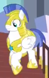 Size: 173x273 | Tagged: safe, imported from derpibooru, screencap, pegasus, pony, sparkle's seven, animation error, cropped, fat, male, royal guard, royal guard armor, solo, staircase, stairs, stallion