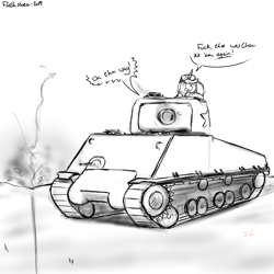 Size: 4000x4000 | Tagged: safe, artist:flashnoteart, imported from derpibooru, oc, oc:flashnote, pony, unicorn, lineart, m4 sherman, monochrome, sketch, tank (vehicle), text bubbles, vulgar