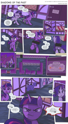 Size: 2250x4076 | Tagged: safe, artist:perfectblue97, imported from derpibooru, rarity, twilight sparkle, pony, unicorn, comic:shadows of the past, censored, cloak, clothes, comic, ponyville, unicorn twilight